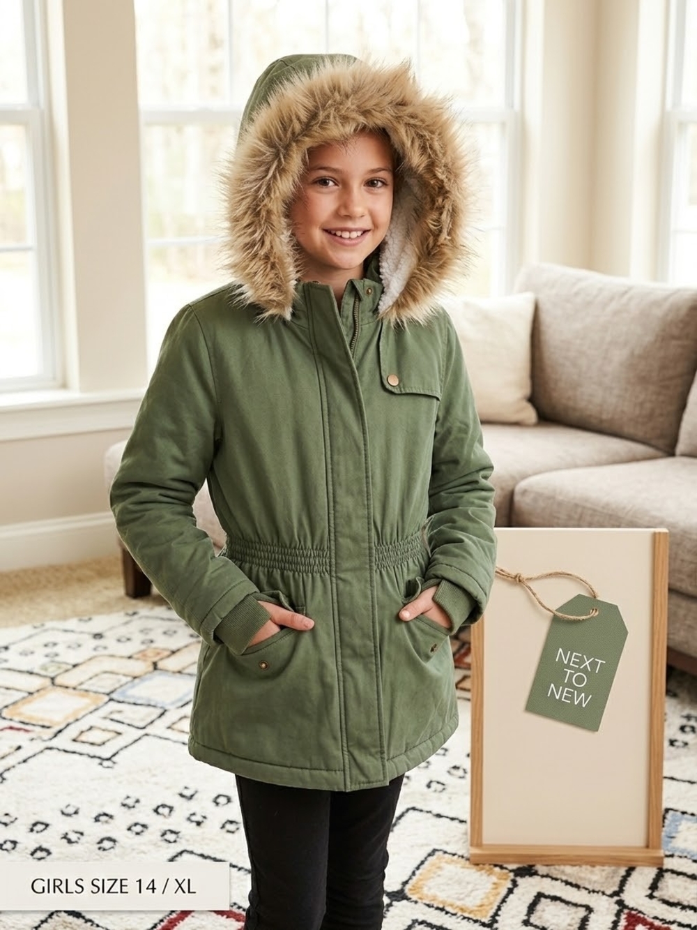 Thereabouts Girls Size 14 Olive Green Faux Fur Hooded Winter Parka